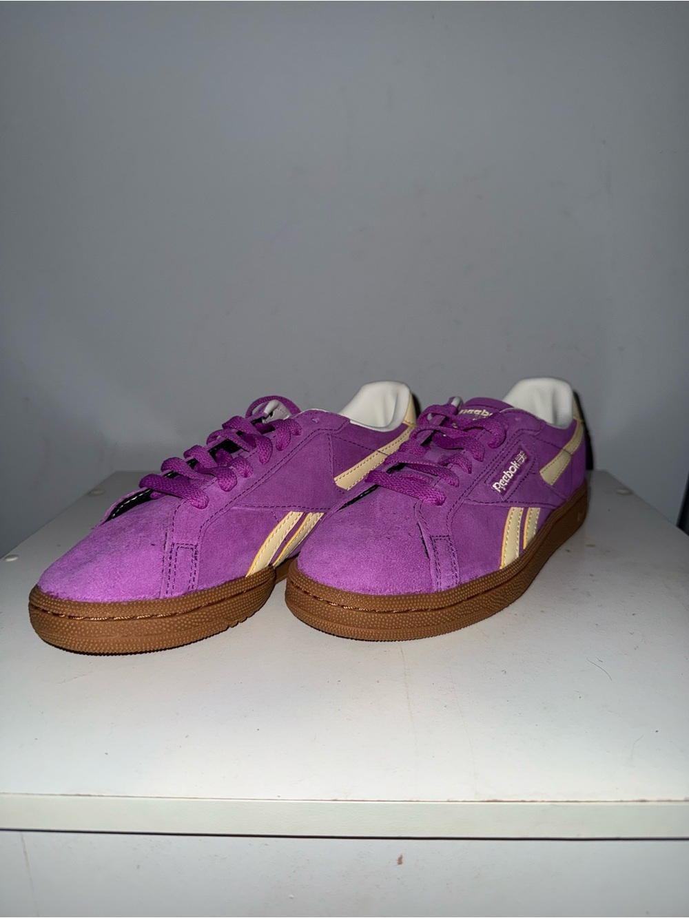 Reebok Purple Suede Low-Top Sneakers with Cream Stripes and Brown Gum Sole